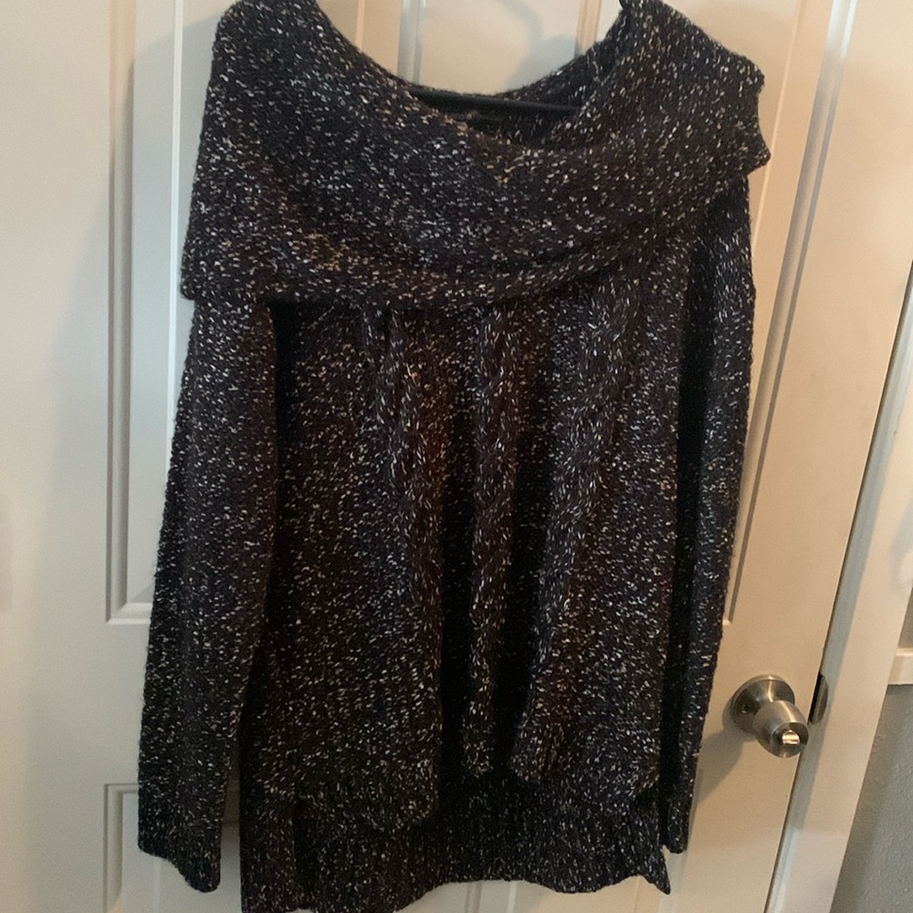 Kensie Cowlneck Sweater Black with Marled Gray/ Tan/ White -Size Large